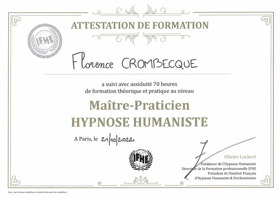 Master Practitioner certificate in Humanist Hypnosis, IFHE Paris, signed by Olivier Lockert